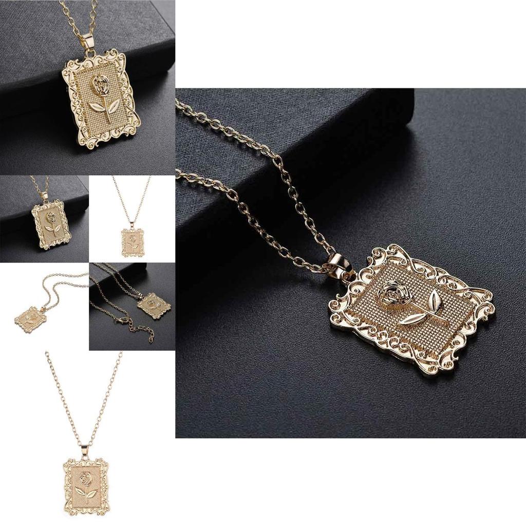 Pozlacený Pop Geometrický Čtvercový Růžový Květ Řetízek na Klíční Kost Svetrový Řetízek Elegantní Šperky Pro Ženy