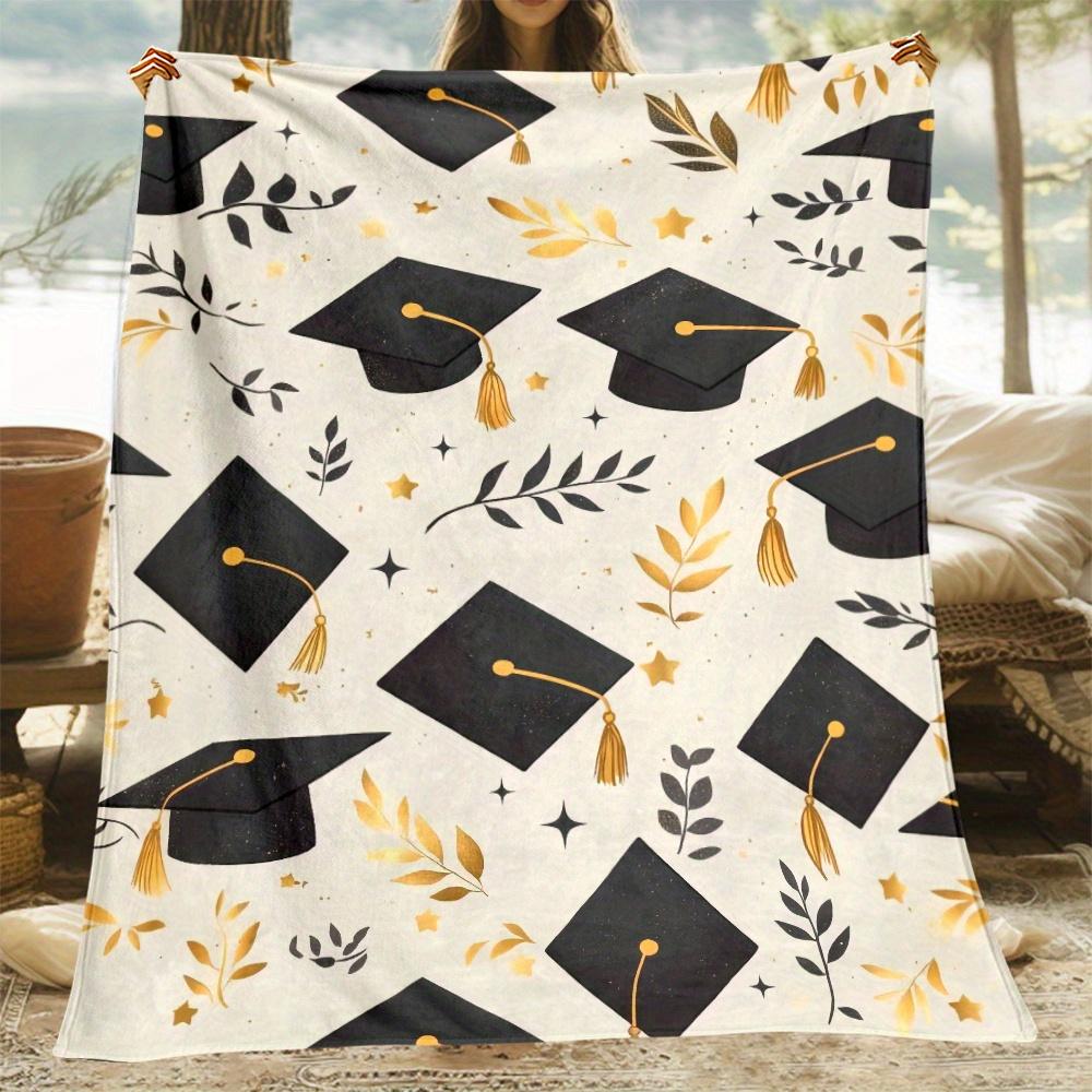 

Graduation Cap Gold Leaves Stars Fleece Blanket Graduation Gift for Students College Party Decor Soft PlushThrowCelebrationTheme 75x100cm