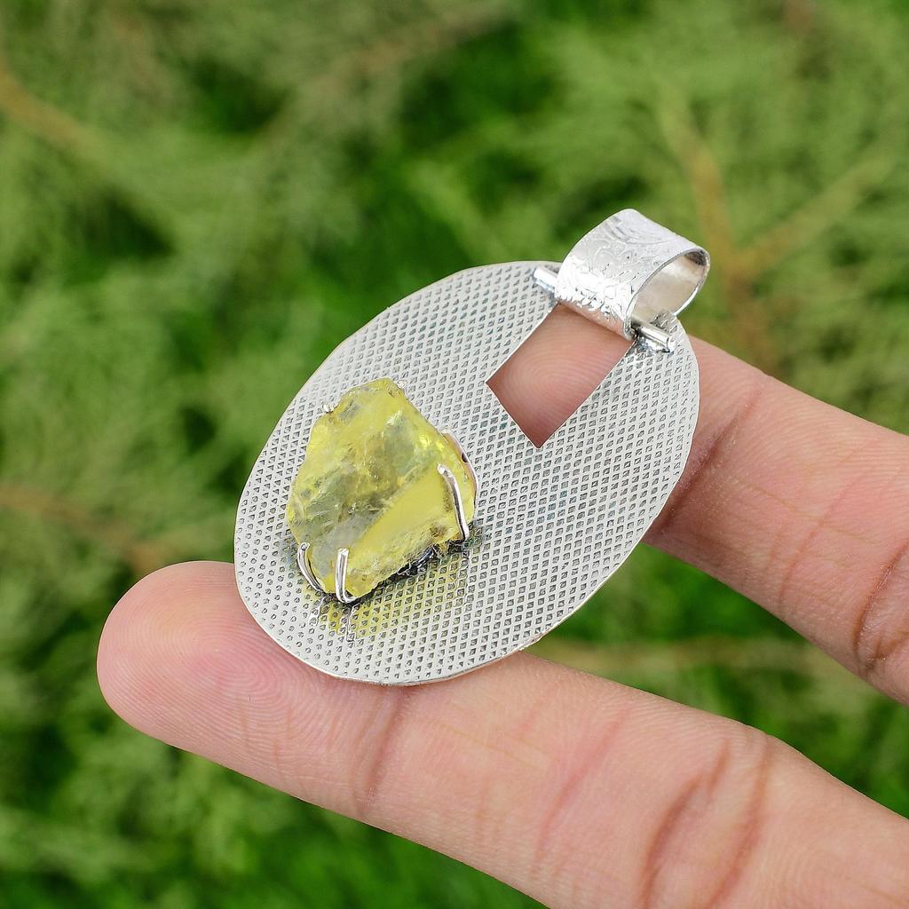 Octagon Natural Lemon Topaz Rough Sterling Silver Anniversary Pendant Jewelry