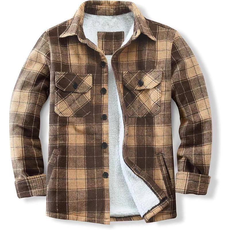 Men's Jacket Fleece Long-sleeved Lapel Plaid Shirt Men's Cotton Jacket
