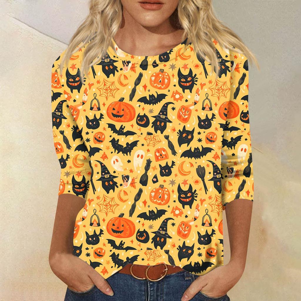 Modieuze casual damestop met driekwartmouwen en Halloweenprint, ronde hals.