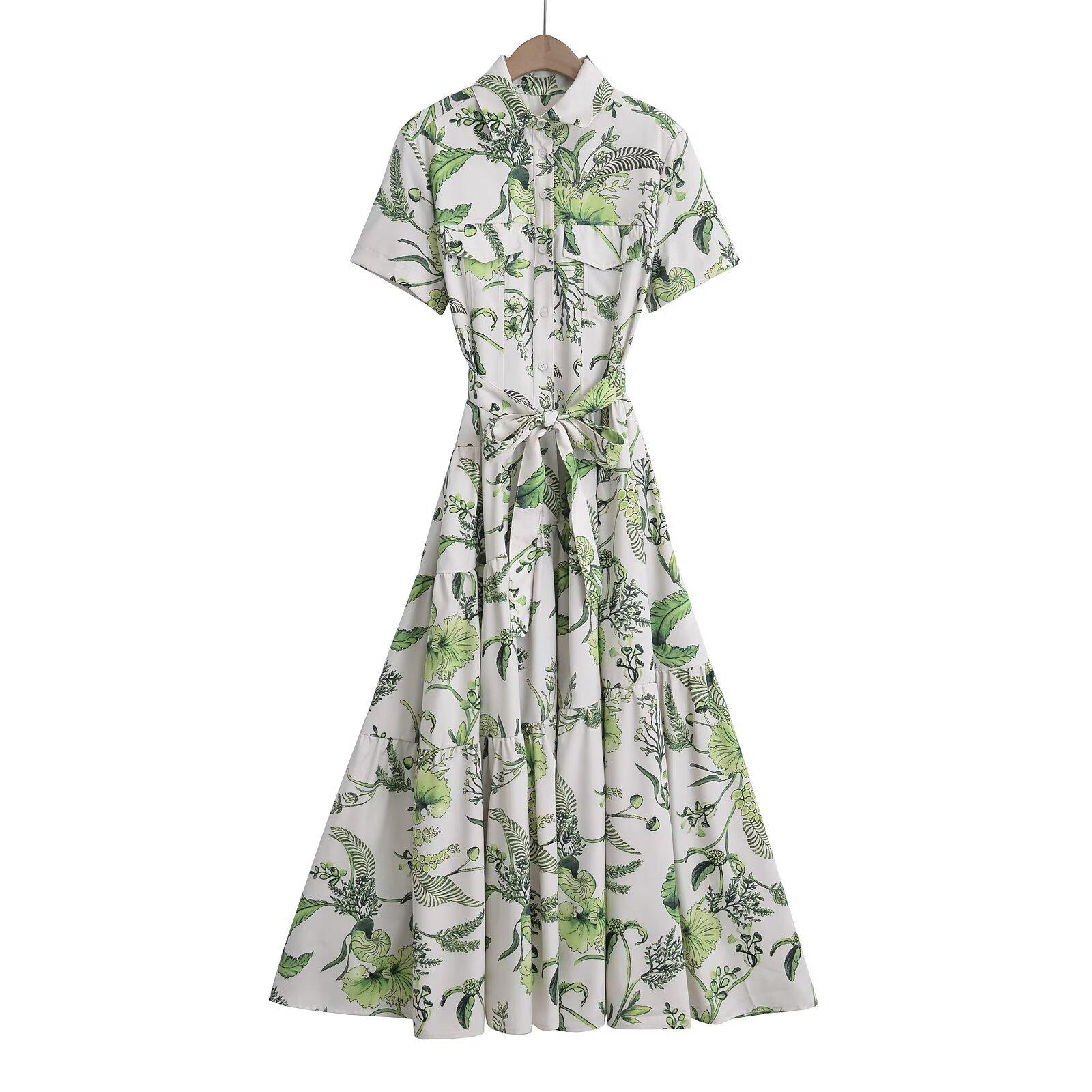 

2025 Spring/Summer Women s Slim Fit Print Waist-Tie Shirt Dress XS грязно-белый