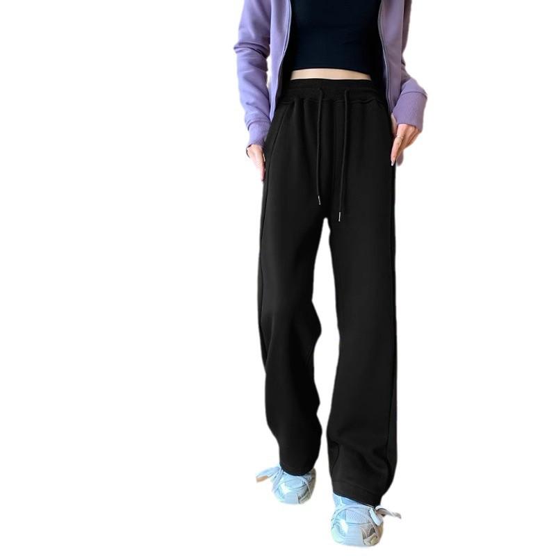 Petite Women's Fleece-Lined Wide-Leg Sweatpants - Autumn/Winter 2024, Loose, Thickened, Slimming, Casual, Straight-Leg Pants.