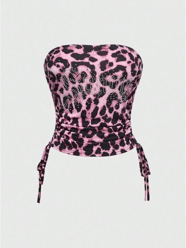 American Autumn Leopard Patchwork Y2K One-shoulder Strapless Backless Tank Top & Pants Set Small