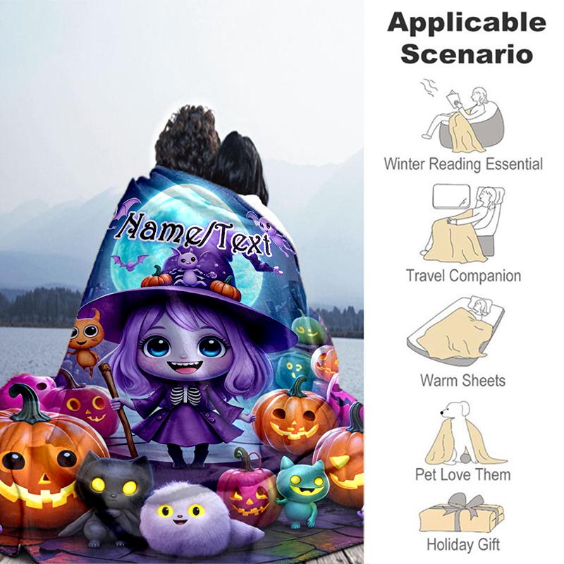1PC Custom Name Halloween Night Adventure flannel blanket versatile,all-season throw suitable for the living room,bedroom,camping,travel,and gift