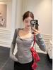 Chic Winter Women's Square Neck Slimming Knot Waist Long Sleeve Top