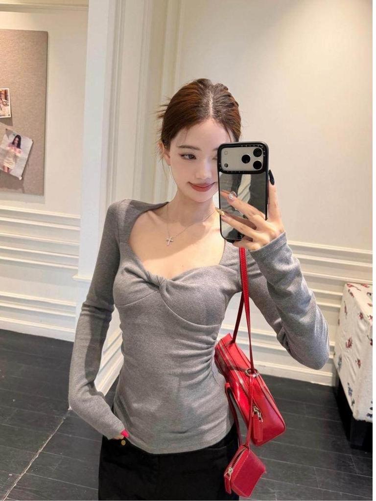 Chic Winter Women's Square Neck Slimming Knot Waist Long Sleeve Top
