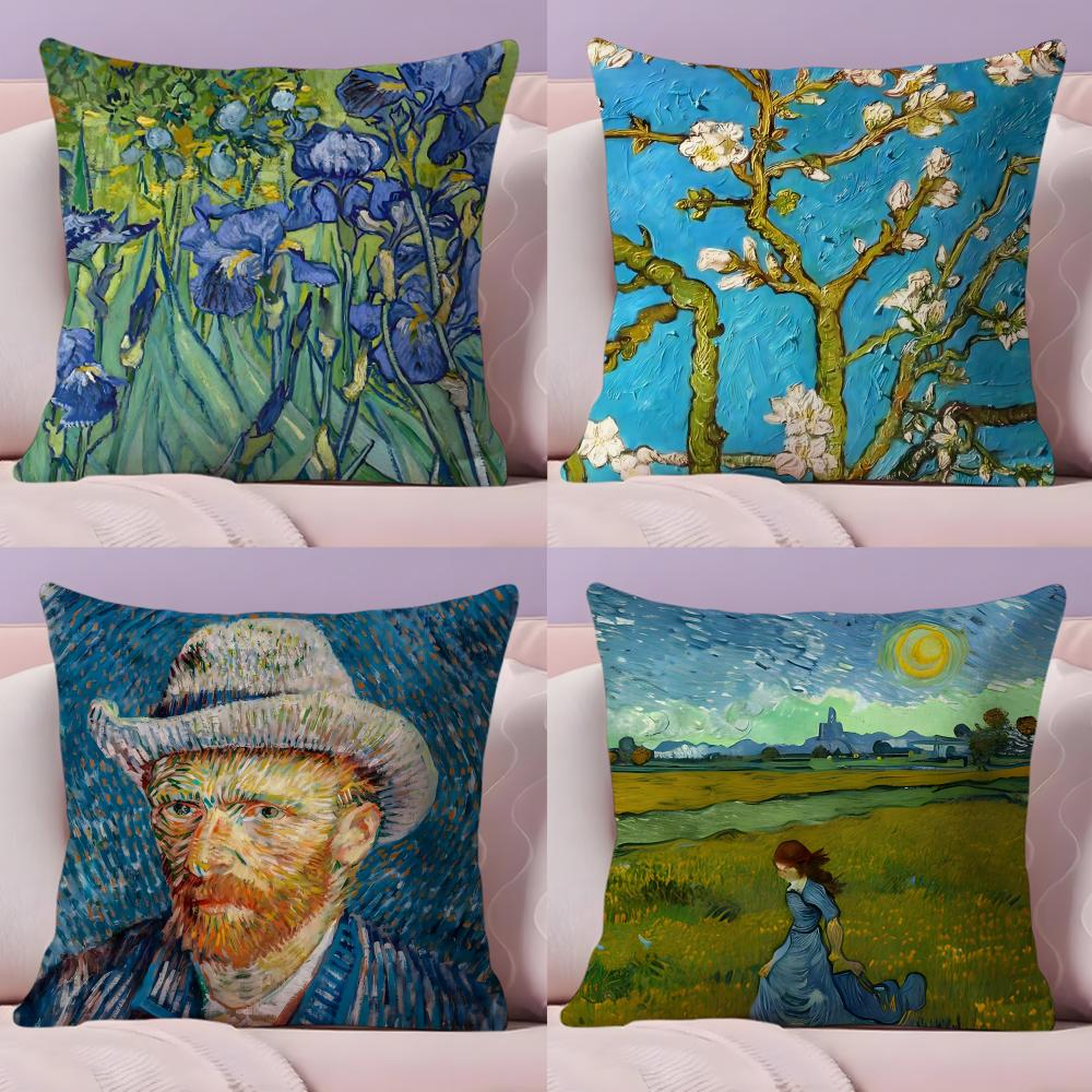 Van Gogh Oil Painting Cushion Cover Plush Fabric Soft Double-Sided Printed Sofa Warm Winter Home Gift Cushion Cover