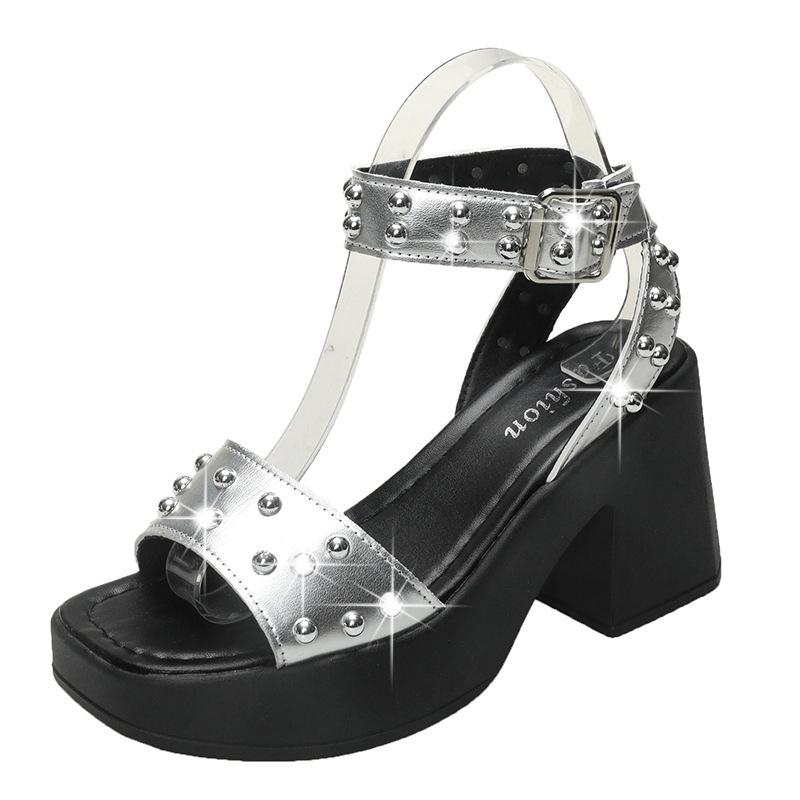 Talons épais montre tête carrée haute 2025 été nouveau sandales d'extérieur sandales à talons hauts polyvalentes à la mode européennes et américaines