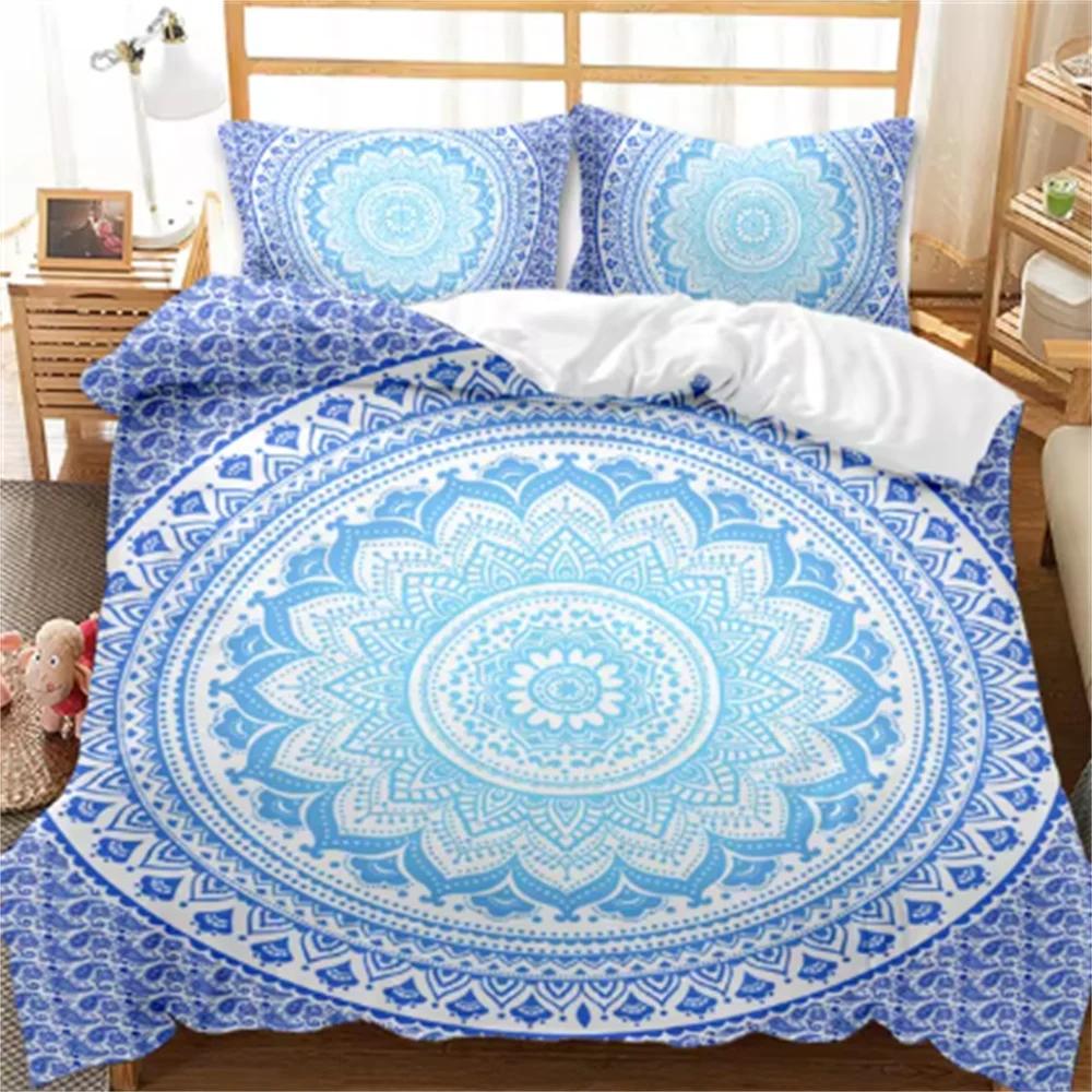 Bohemian Mandala Duvet Cover Set Twin Queen King Full SizeBlue Boho Chic Microfiber Bedding Set For Boys Girls Kids And Teens