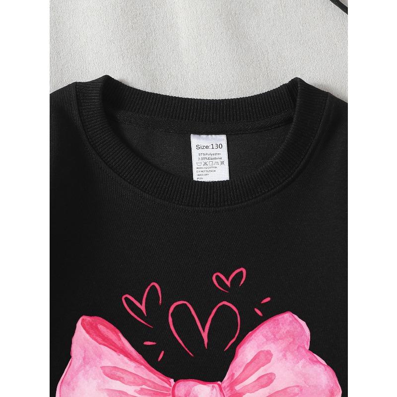 Kids' Sweatshirts, Girls' Sweatshirts, Girls' Autumn Winter Fashion Pink Bow with Hearts Print Long Sleeve Round Neck Sweatshirt