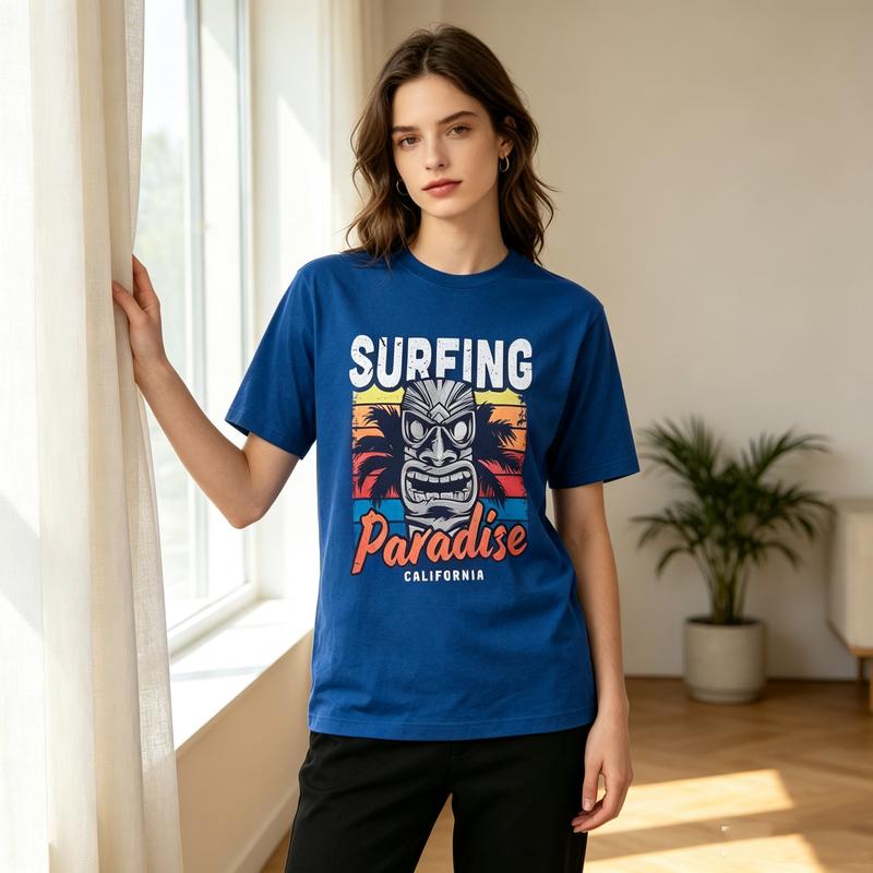 Surfing Paradise California Tiki Mask Palm Tree Vintage Graphic T Shirt Unisex Unisex Cotton Short Sleeve Tee Beach Surf Casual