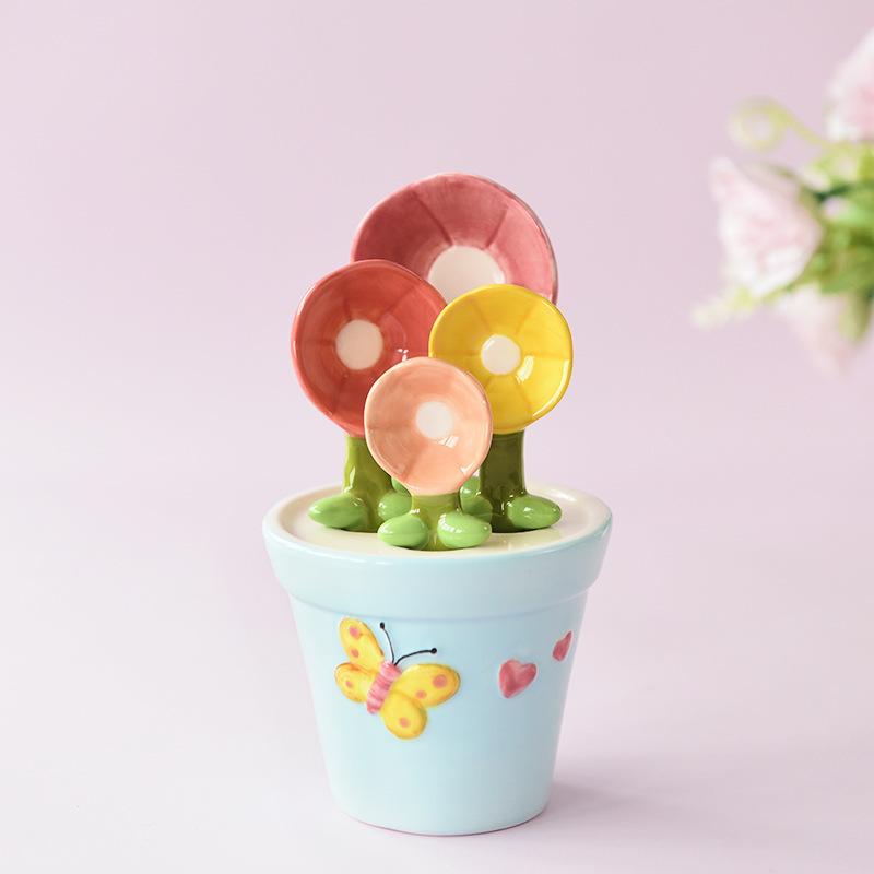 

Ceramic Measuring Spoon Set Cute Flower Pot Measuring Cup Coffee Matcha Flour Protein Spoons Kitchen Accessories Baking Supplies