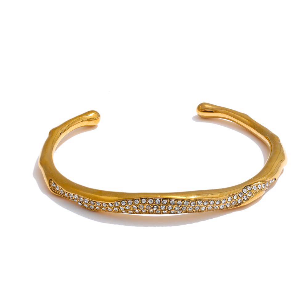 

Yhpup 62mm Stainless Steel Cubic Zirconia Open Bracelet Bangle Waterproof Fashion 18K Gold Color Plated Statement Charm Jewelry