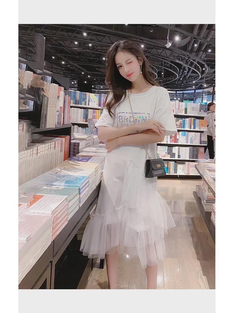 2025 Trendy Summer Mesh Letter T-shirt Dress with Puffy Fairy Skirt