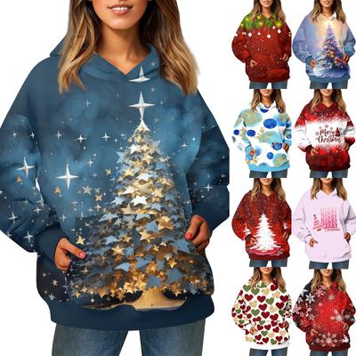 Modischer Langarmpullover für Damen mit weihnachtlichem Aufdruck und Kapuzentasche