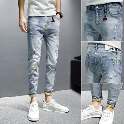 Jeans für Herren im Sommer, dünner Abschnitt, die koreanische Version des Trends für schmale, kleine Füße, lässige Loch-Neun-Minuten-Hosen