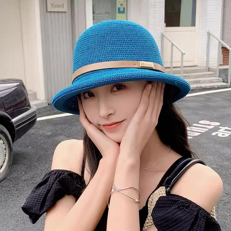 

Шляпа женская летняя плетеная дышащая шляпа-ведро модная универсальная отпускная тонкая соломенная шляпа с плоским верхом приморская пляжная соломенная шляпа M（56-58cm） синий