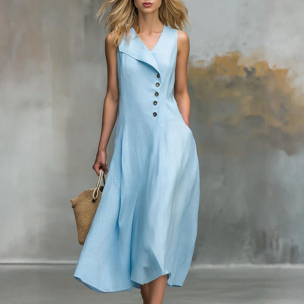 Ladies' Casual And Fashionable Lapel Button Closure Sleeveless Dress