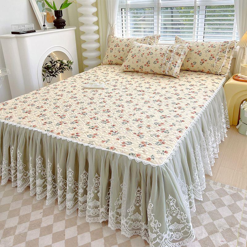 Saia de cama acolchoada estampada pastoral francesa, renda bordada, colcha grossa, roupa de cama à prova de poeira com lençol de algodão antiderrapante