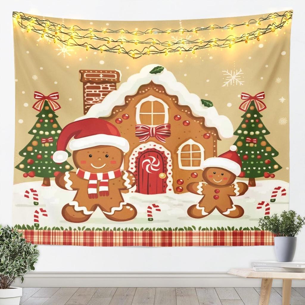 Frohe Weihnachten Wandteppiche Heimdeko Weihnachtsmann und Rentier Druck Wandbehang für Tür Büro, Weihnachten Kiefer Schneeflocken Rot Grün