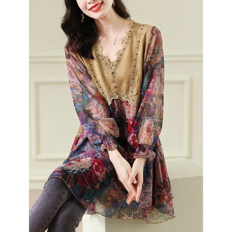 Modisches Patchwork-Chiffon-Shirt mit Blumenmuster für Damen, für Frühling und Sommer