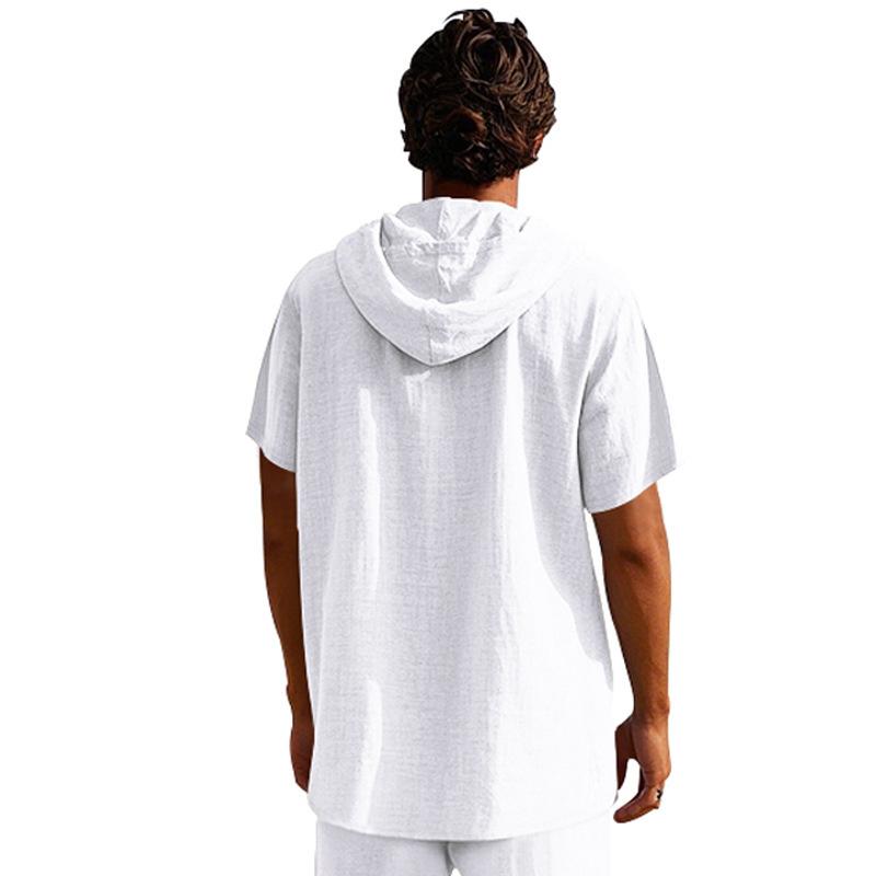 Men's Relaxed Fit Linen Beach Hooded Pocket Henley Short-Sleeved Shirt
