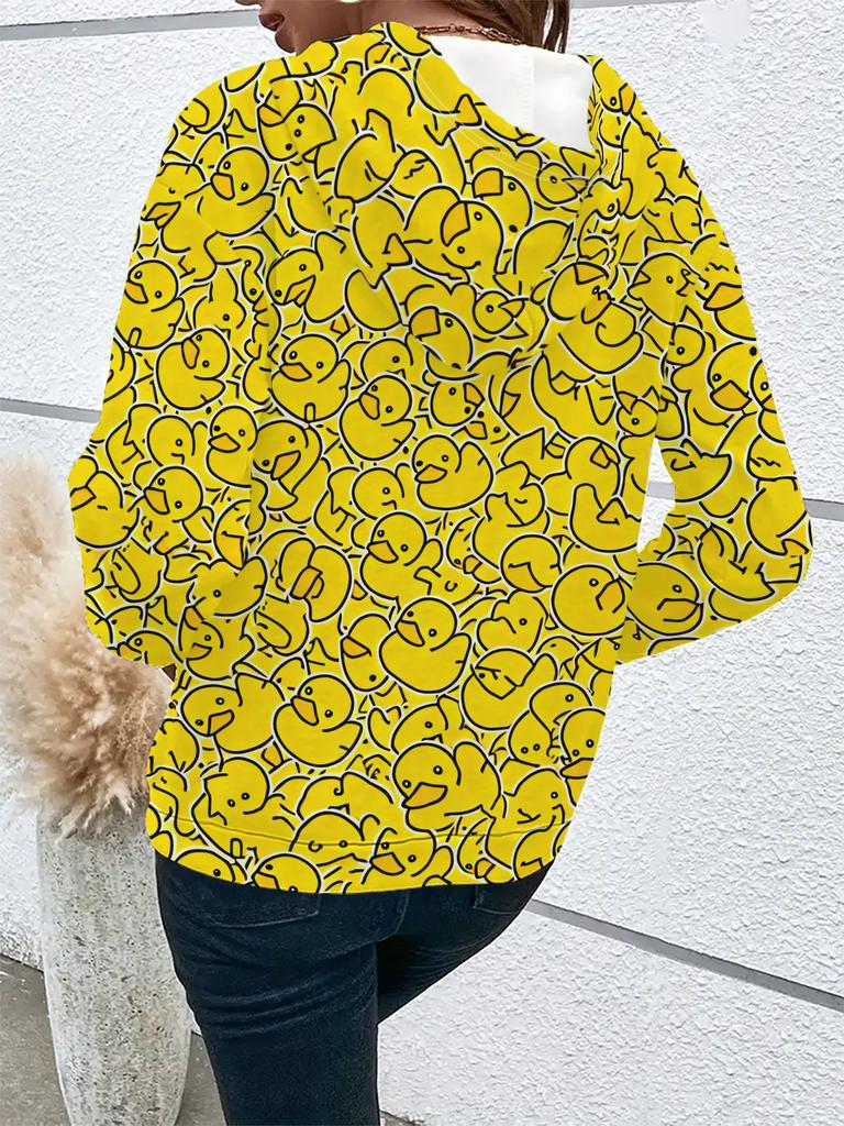Women's casual sweatshirt with many yellow cartoon ducks densely arranged and printed casual fashion hooded sweatshirt