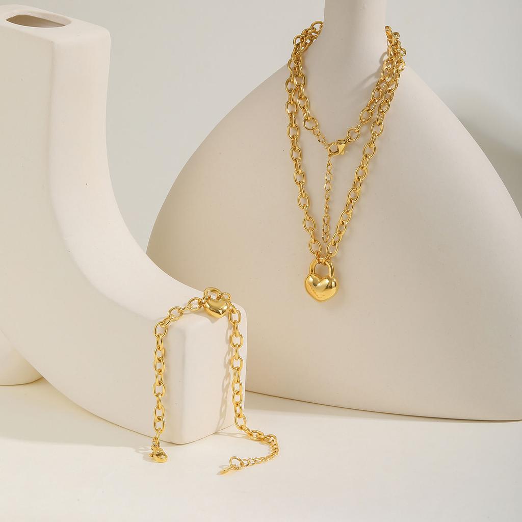 Stainless Steel Plated 18K Gold Round Cross Chain Heart Lock Bracelet Necklace Nc-
