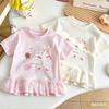 Girls Summer Short Sleeve T Shirt with Lace Trim Cute Cartoon Print and Bow