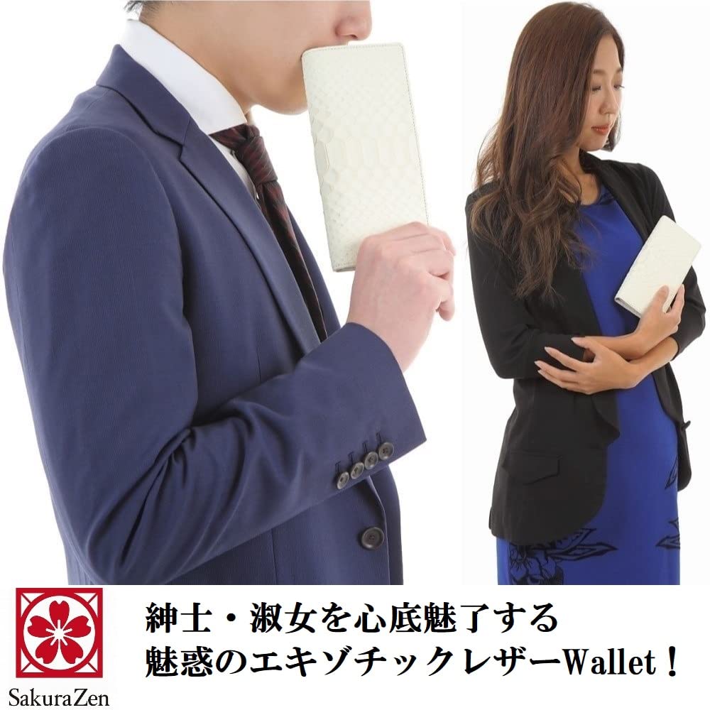 SakuraZen White Snake Long Wallet, Genuine Snake Leather Wallet, Snake Pattern, Men's Wallet, Increases Your Fortune, Made in Japan (Golden Snake