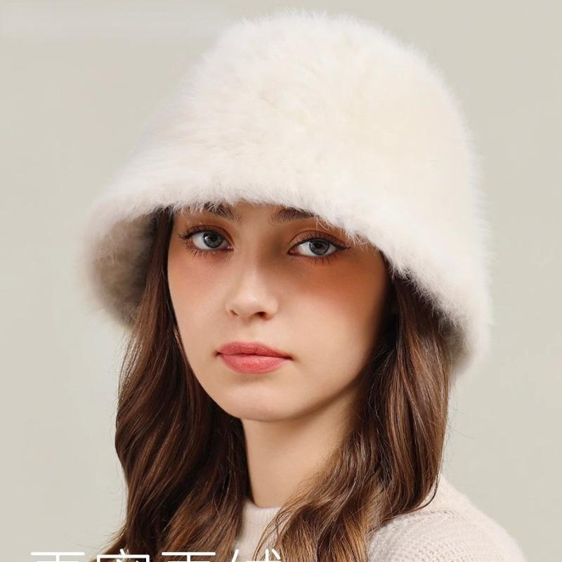 

Large size female winter big head circumference real rabbit fur plush hat, autumn and winter basin hat белый