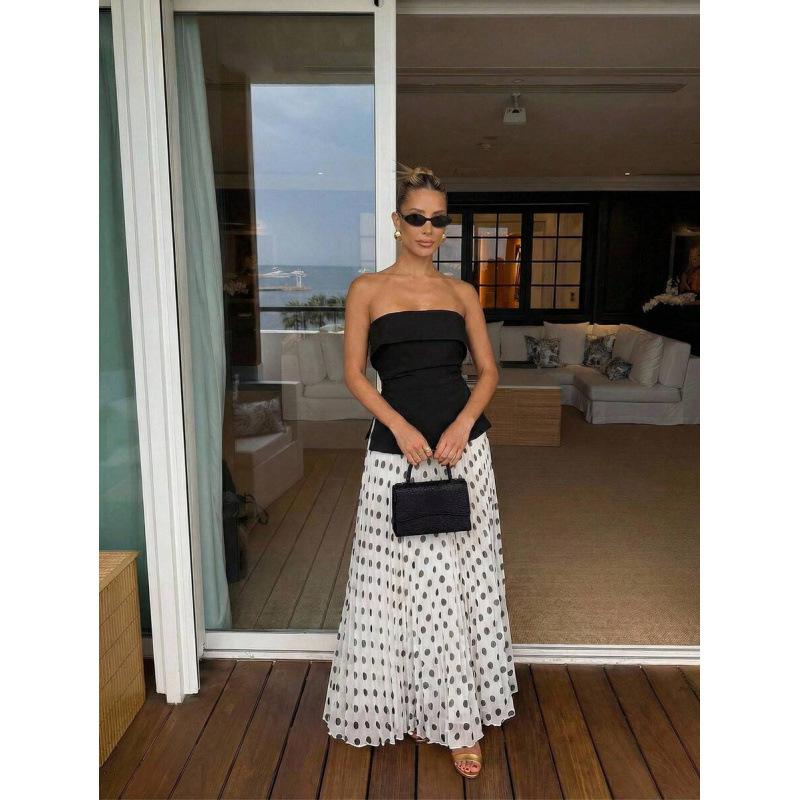 European summer French temperament elegant splicing polka dot printing tube top sleeveless off-the-shoulder dress XS