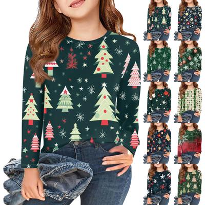 Weihnachtstag Mädchen Langarm T-Shirts Kinder Herbst Oberteile Rundhalsausschnitt Bedruckte Basic T-Shirts