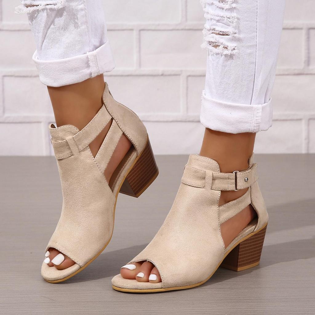 Womens Peep Toe Booties Chunky Heels Cutout Back Zipper Sandals Suede Side Strap Dress Sandals