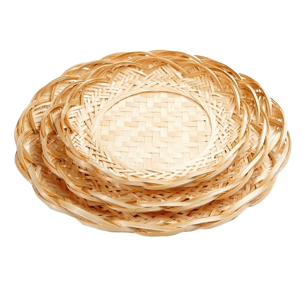 Scalloped Edge Woven Bamboo Tray Round Fruit Snack Serving Tray Bamboo Woven Basket Fruit Serving
