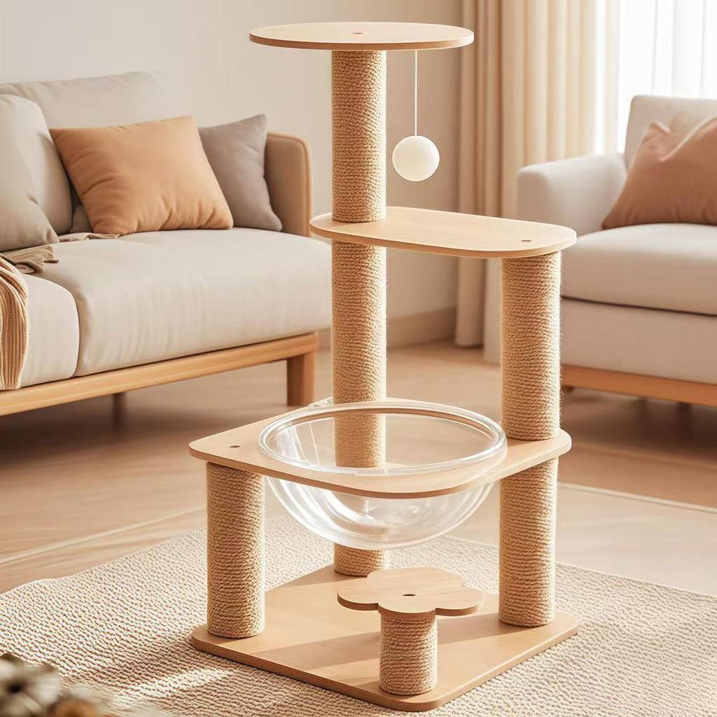Modern Large Beige Wooden Cat Tree Scratcher Custom Design Climbing Frame for Cats Wholesale Manufacturer Supplies