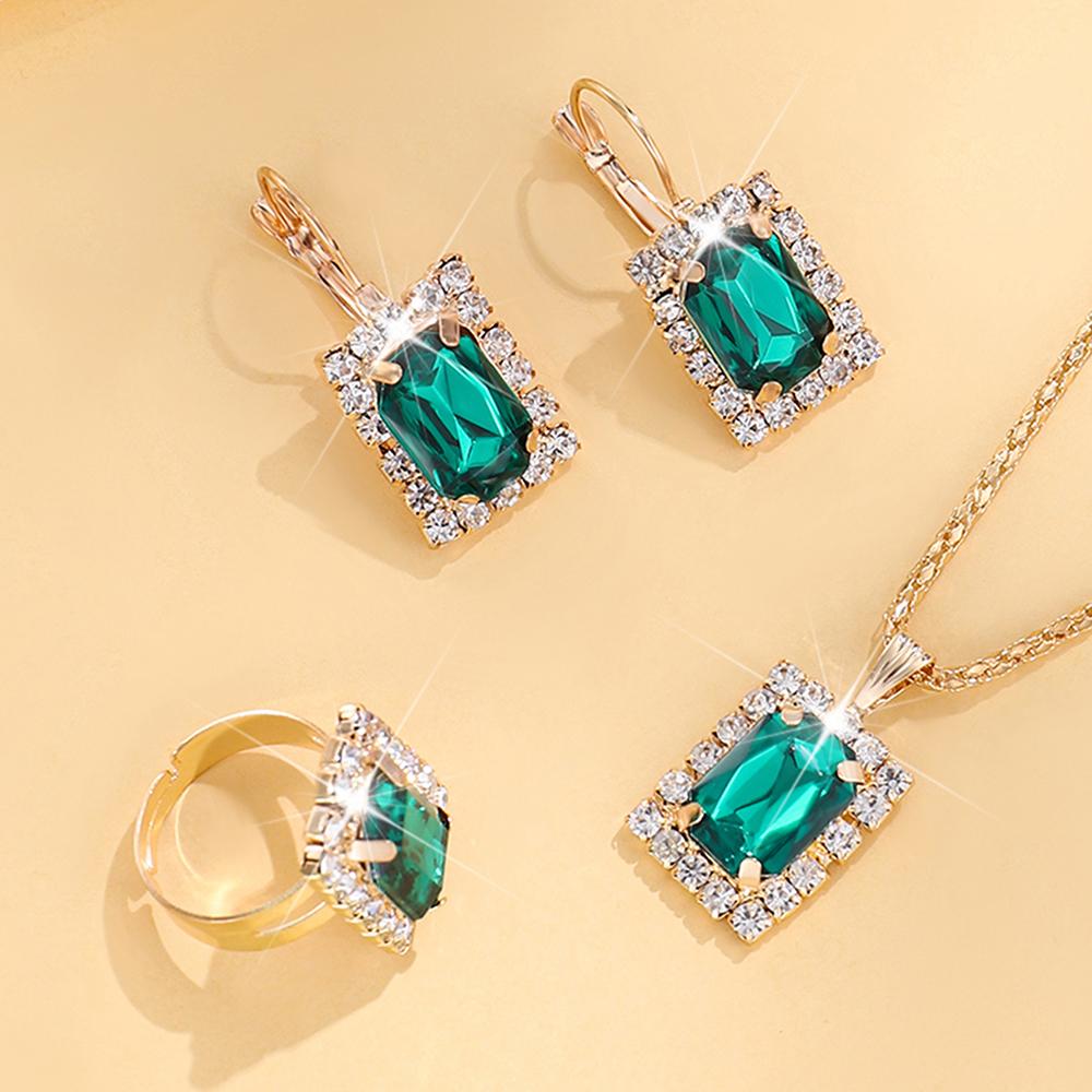 4 Piece Set Women Fashionable Temperament Circular Green Crystal Necklace Bracelet Earring Ring Combination Versatile Exquisite