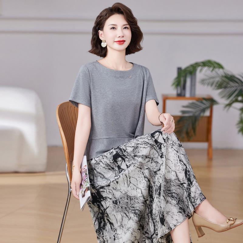 Summer Slim-Fit Short-Sleeve Stylish Skirt Set, Plus Size, Age-Reducing Print