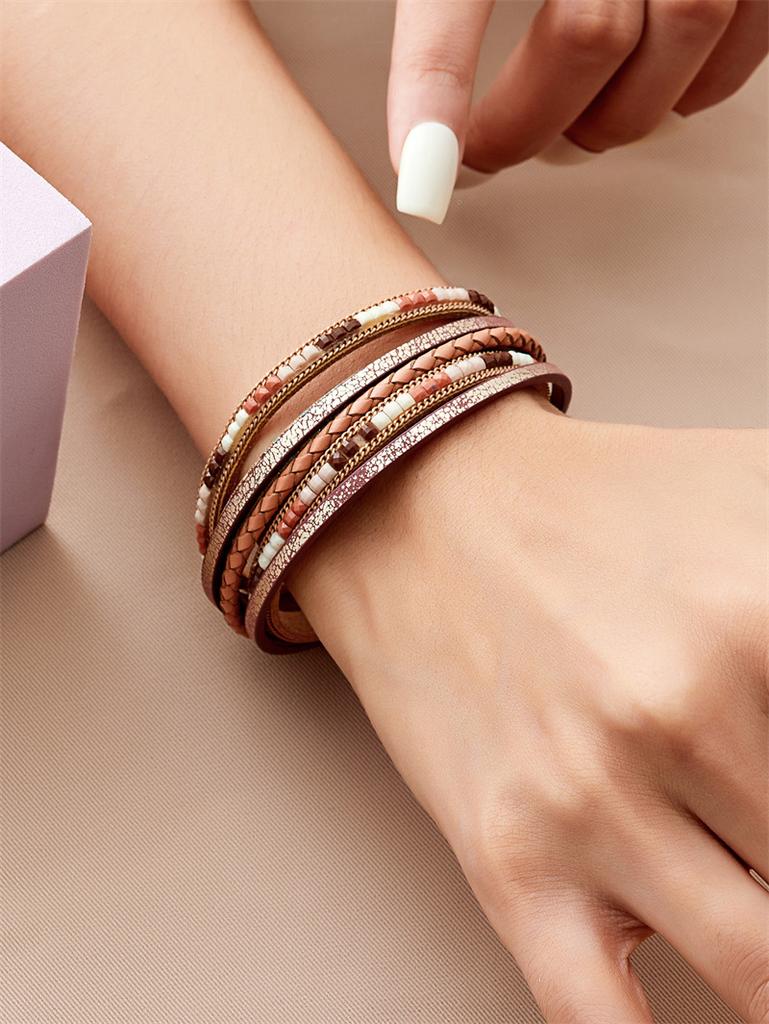 Bohemian Leather Bracelet Geometric Beads Chain Multilayer Wrap Bangle Women Jewelry Accessories