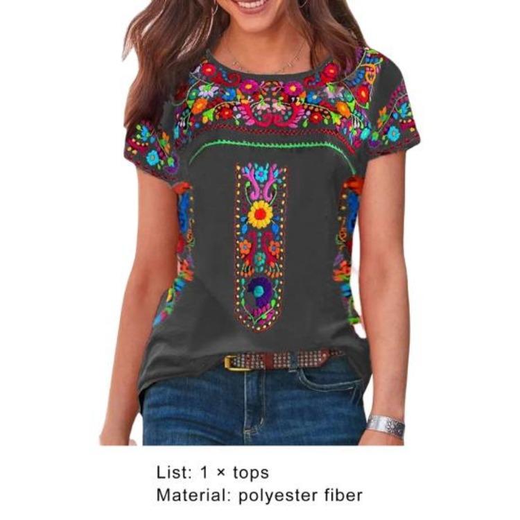 Women Vintage Boho Ethnic Floral Print Tee Shirt O Neck Short Sleeve Loose Fit T Shirt Workwear