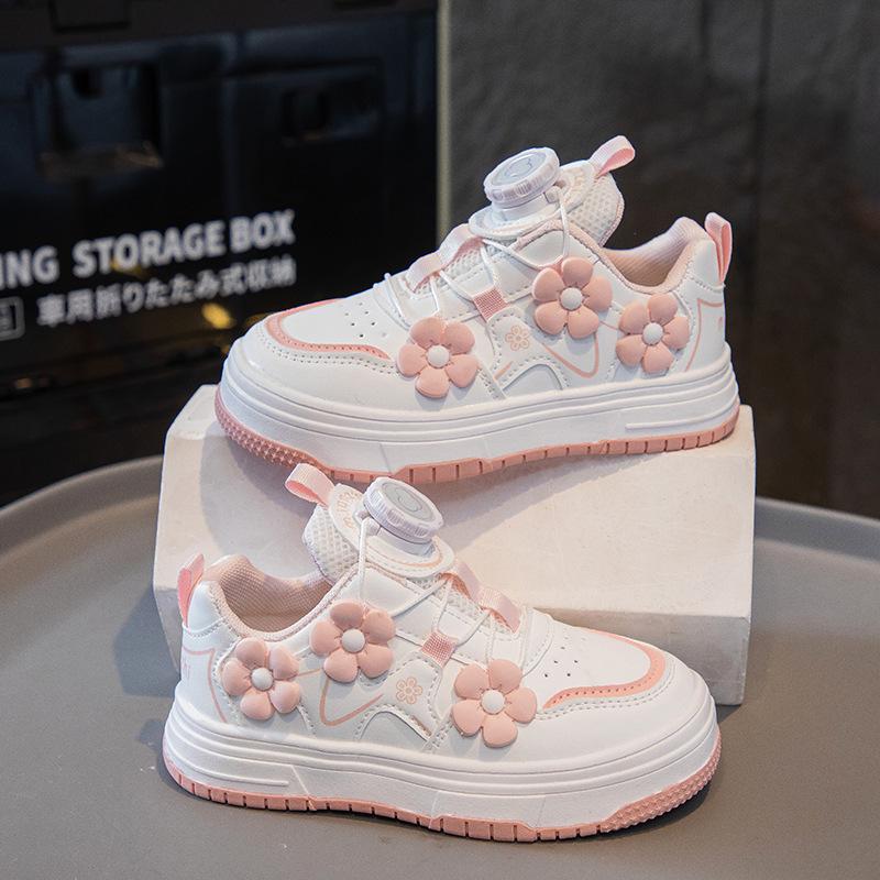 2026 Spring Floral Girls' Skate Shoes with Rotating Button - Fashionable White Sports Sneakers