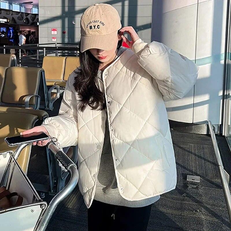 2023 Long Sleeve Casual Loose Coat Fashion Women Office-lady Cotton Jacket Warm O-neck Korean Thickened Tops  30005