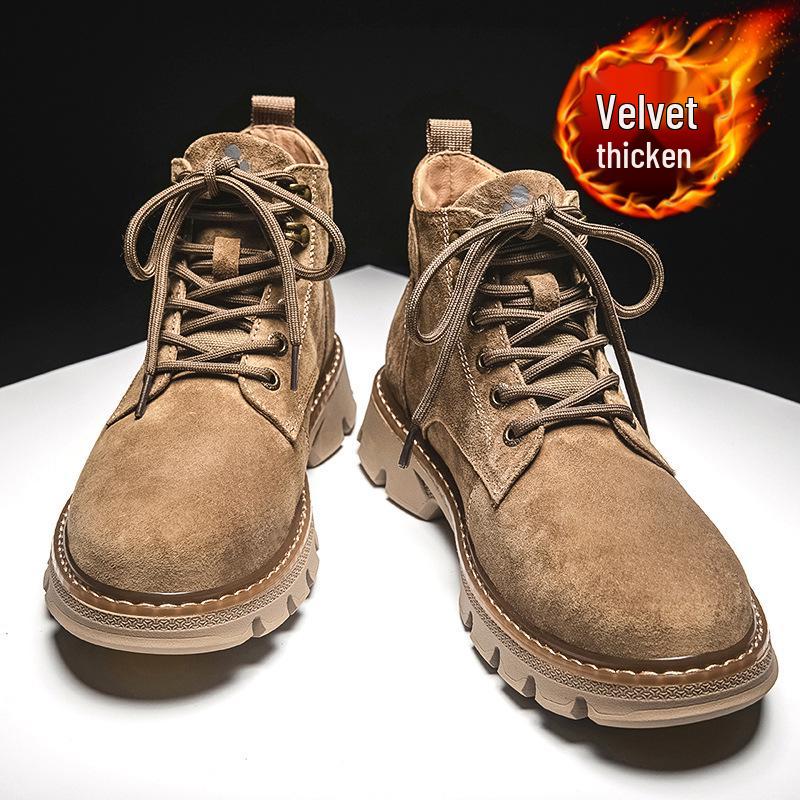 Men's British Style Mid-Top Martin Boots, 2024 Winter Edition: Versatile, Thick-Soled, Plus-Velvet Desert Work Shoes.