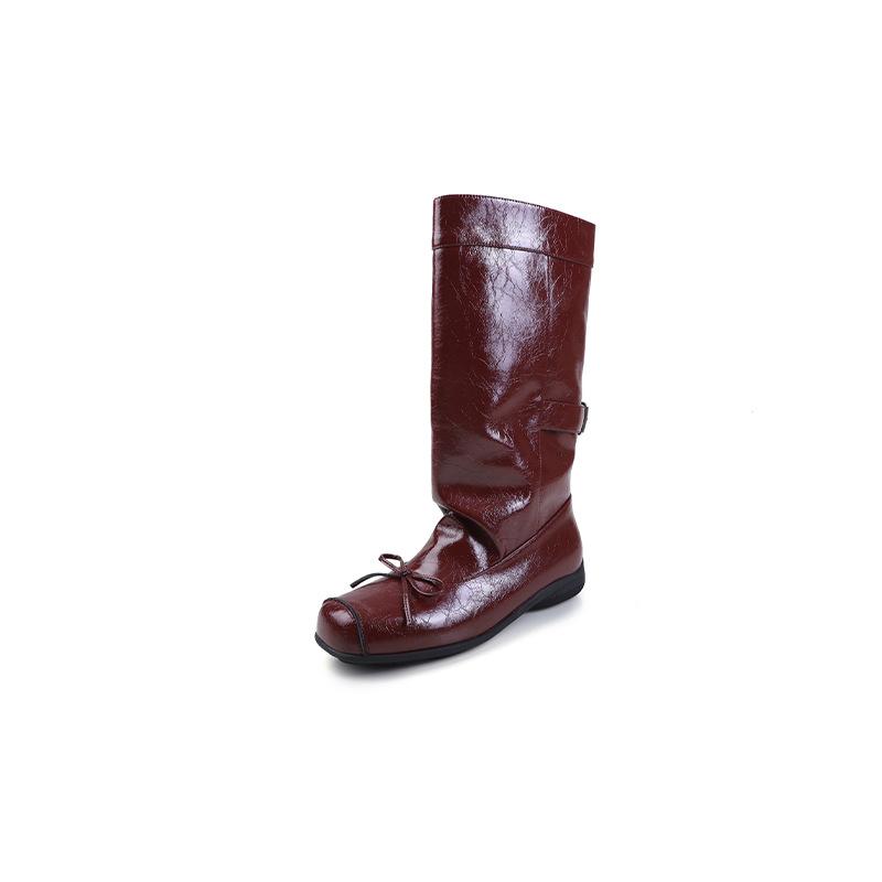 New square head bow pig nose mid boots 2025 autumn and winter new Spice Girl fashion versatile thick heel knight boots