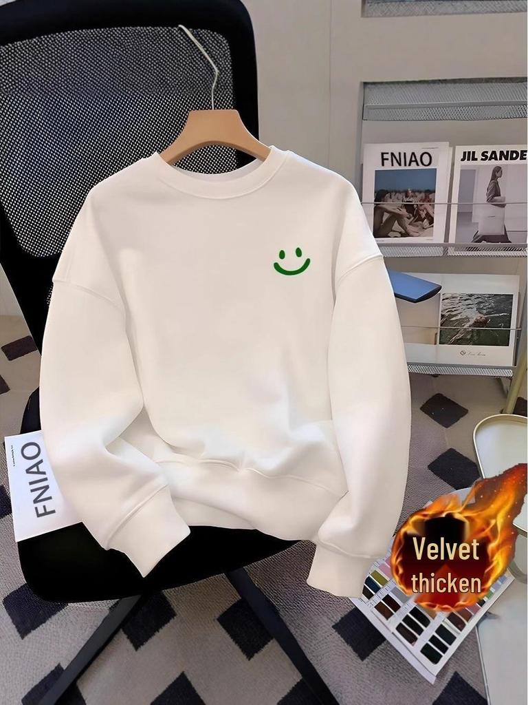 Men's Fleece-Lined Long Sleeve Round Neck Hoodie - Autumn 2025 American Style Heavyweight Pullover