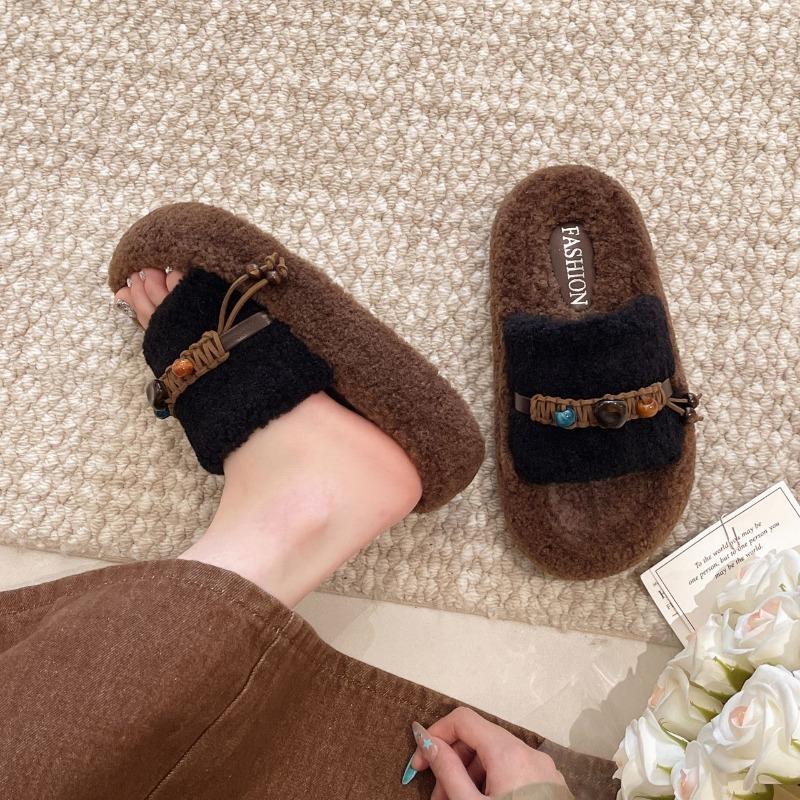 Fashion fringed wool slippers women's wear autumn new retro round head thick bottom wool slippers women
