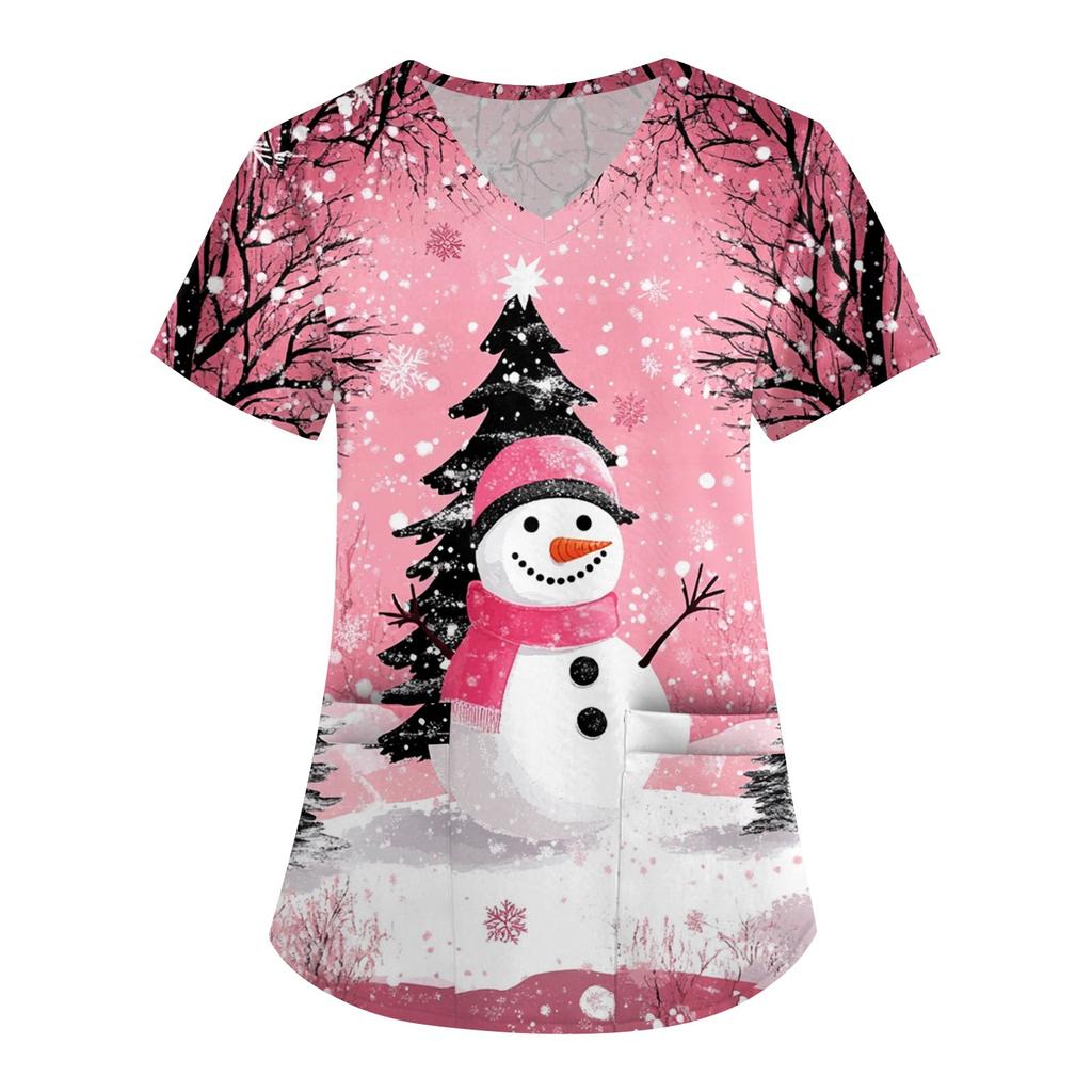 Kadın Sevimli Baskılı İş Kıyafetleri V Yaka Çift Katmanlı Cepler Temel Kısa Kollu Üst Kazak Noel