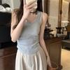 Korean Style Slim-Fit Cotton U-Neck Pleated Summer Tank Top for Women