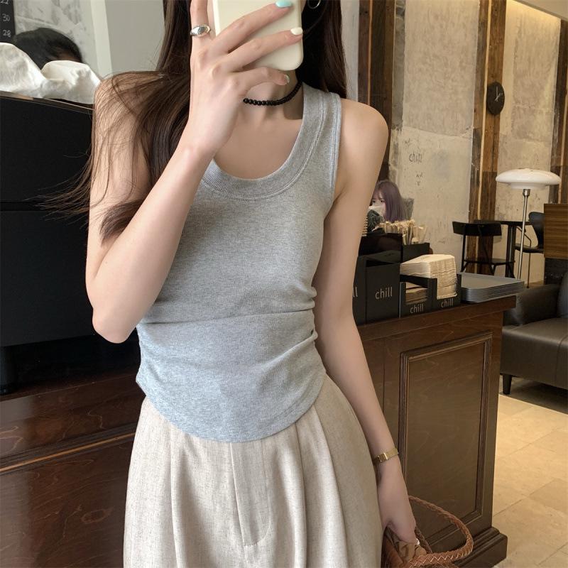 Korean Style Slim-Fit Cotton U-Neck Pleated Summer Tank Top for Women